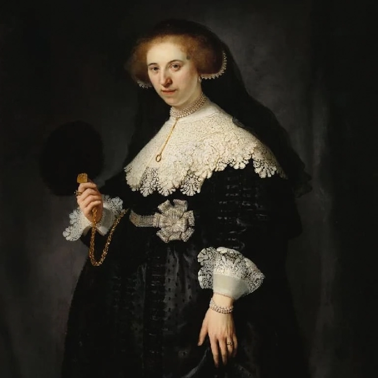 Seventeenth-century oil portrait of a woman in a dark silk gown with elaborate lace details, pearl jewelry, and a fan in her hand; the subject looks forward with a calm expression, standing against a dark background.