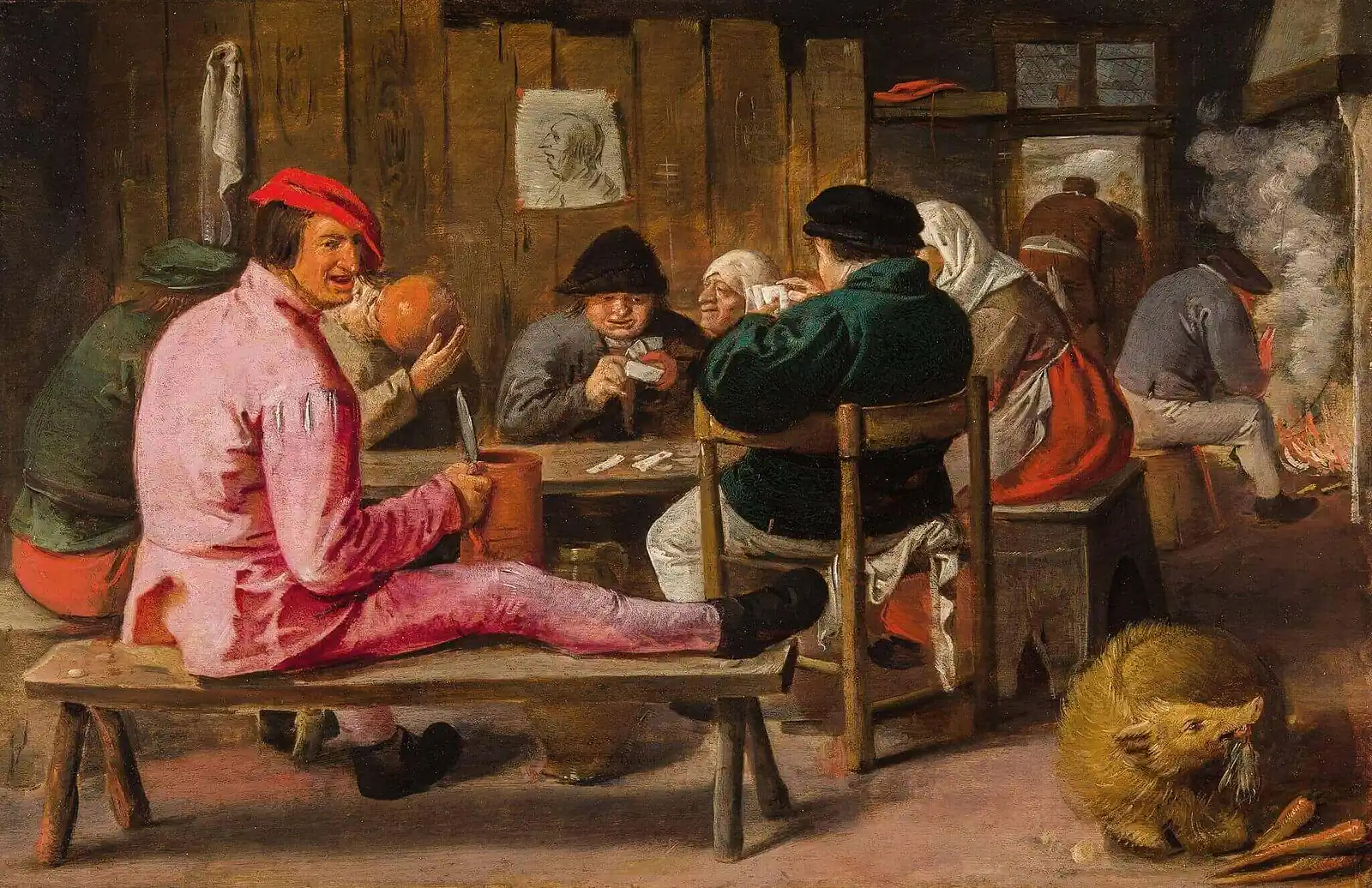 Homepage banner: Seventeenth-century painting by Adriaen Brouwer showing cheerful peasants drinking and laughing in a rustic inn, next to a hog eating carrots